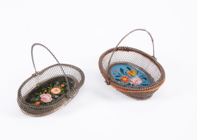 Lot 283 - Two 19th century miniature wire basket with reverse painted glass bases