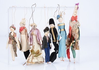 Lot 418 - Seven late 19th century German peg wooden doll puppets
