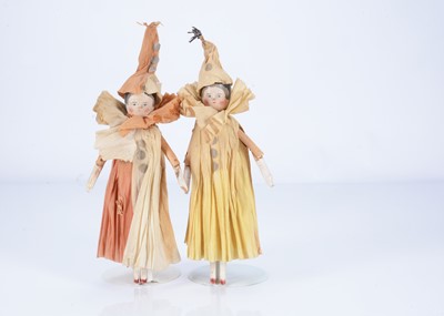 Lot 423 - Two German peg wooden dolls dressed as Pierrots, circa 1900