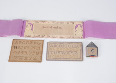 Lot 438 - Two 19th century miniature samplers on card