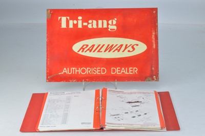 Lot 56 - Original Tri-ang Railways one sided red Authorised Dealer sign and 1980's Hornby Hobbies Service Sheets in a red folder (qty)