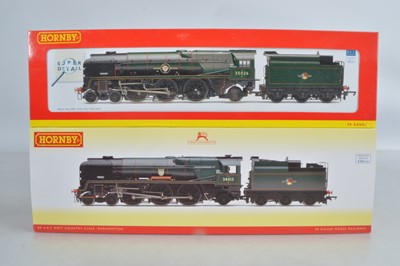 Lot 98 - Hornby (China) boxed 00 Gauge BR weathered green rebuilt Merchant Navy and West Country Class Locomotives and Tenders (2)