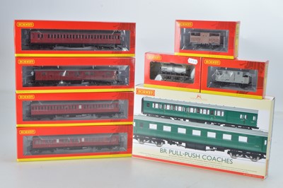 Lot 107 - Hornby (China) boxed 00 Gauge BR Maunsell Push-Pull set and BR ex LSWR maroon Coaches and BR Utility Van and  three items of goods rolling stock (8)