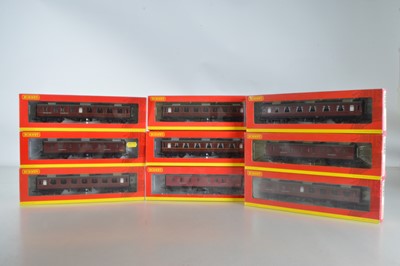 Lot 195 - Hornby (China) boxed 00 Gauge BR ex LMS maroon Corridor Coaches (9)