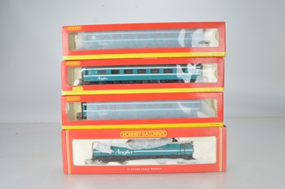 Lot 211 - Hornby (China) boxed 00 Gauge Anglia  Railways turquoise Bo-Bo Electric Locomotive and three  MK2 2 Coaches (4)