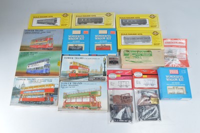 Lot 462 - Ratio Coaches Peco and Parkside Wagons and Tower Trams 00 Gauge unmade kits in original boxes with other accessories including Motor Bogies (16)