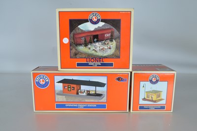 Lot 718 - Lionel O Gauge 6-14080 HOBO Hotel 6-52340 Train orders building and 6-82056 Operating Freight station (3)