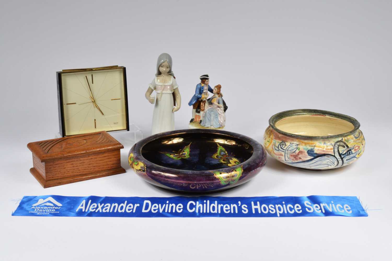 Lot 28 - Mixed group of ceramics, clock, wood box