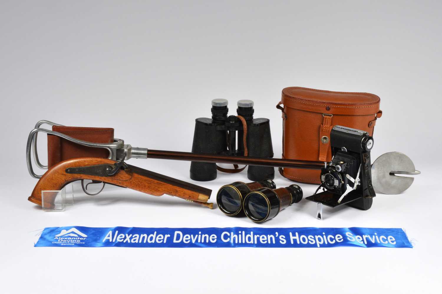 Lot 31 - Binoculars (2 pairs), folding shooting stick