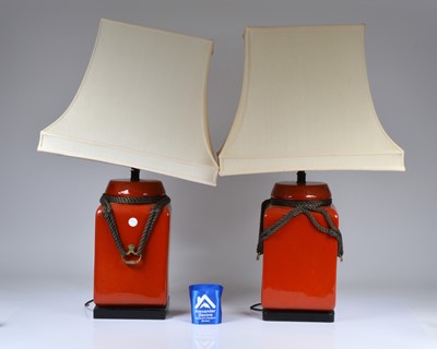 Lot 130 - A pair of large ceramic lamps, with shades