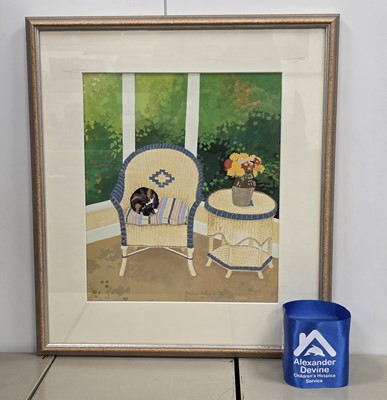Lot 148 - Gouache study of a cat ('Florence') asleep on a wicker chair