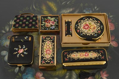 Lot 653 - Various art deco and later floral needlepoint decorated black fabric handbag accessories
