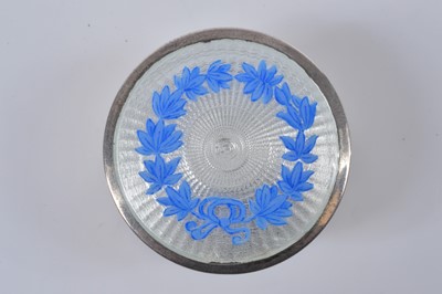 Lot 719 - Three circular silver blue guilloche enamel mounted compacts