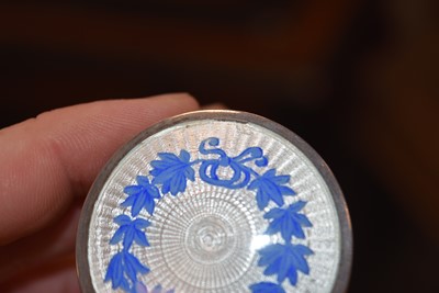 Lot 719 - Three circular silver blue guilloche enamel mounted compacts
