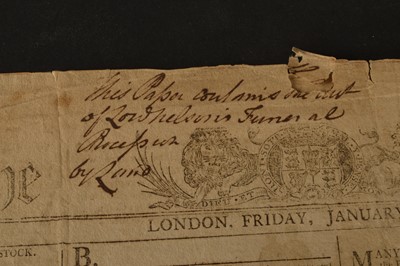 Lot 14 - The Times' Newspaper No. 6629 London Friday January 10 1806 a very rare original issue reporting Admiral Lord Nelson’s Funeral