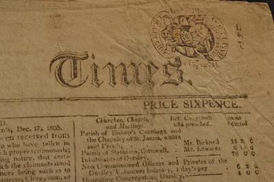 Lot 14 - The Times' Newspaper No. 6629 London Friday January 10 1806 a very rare original issue reporting Admiral Lord Nelson’s Funeral
