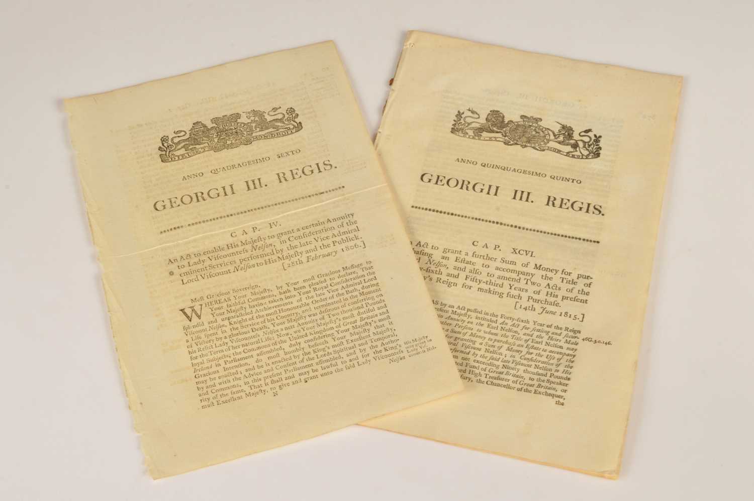 Lot 15 - Two George III Acts of Parliament relating to Admiral Nelson