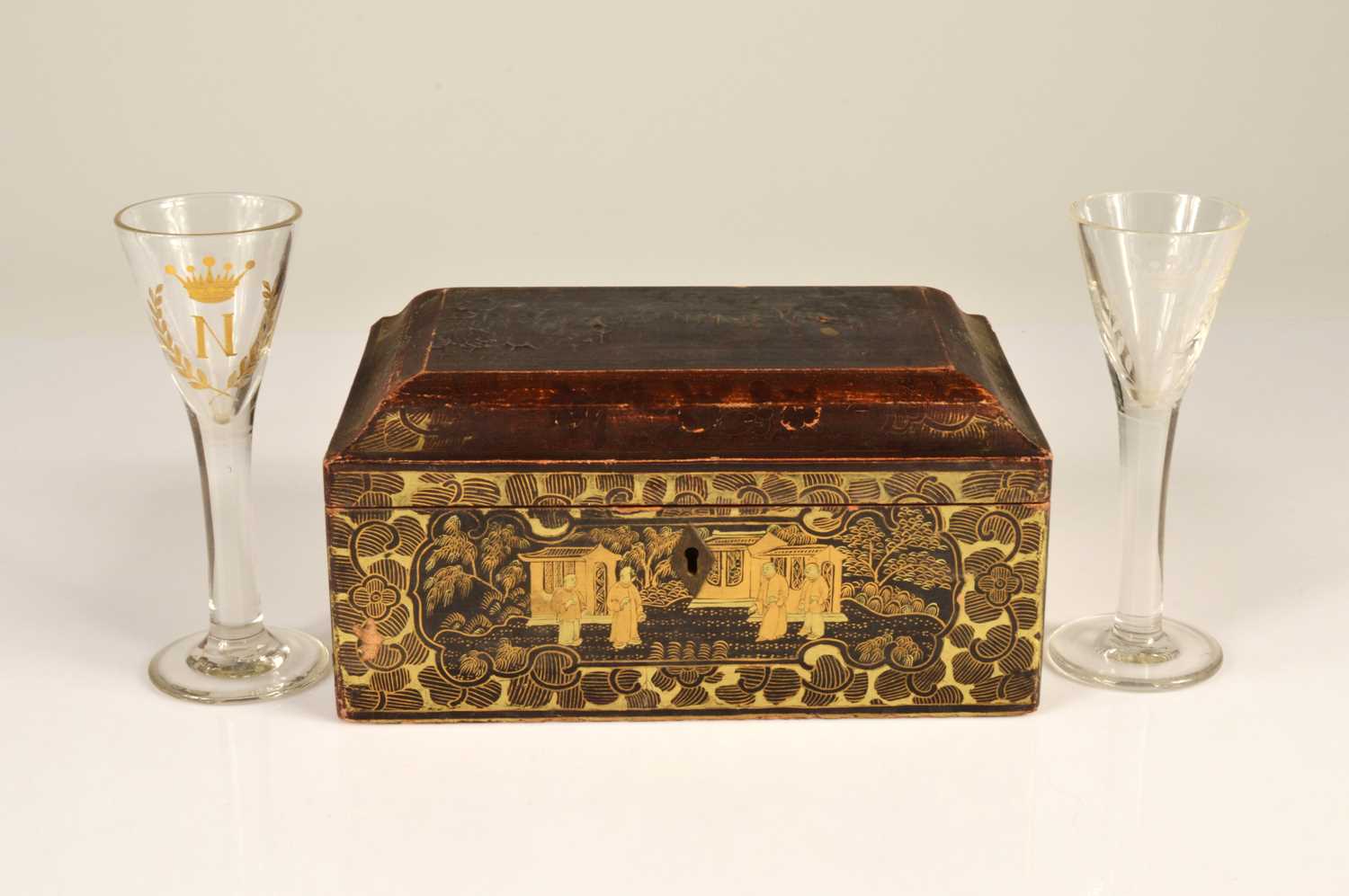 Lot 29 - Two interesting antique wine or cordial glassed with crowned "N" cyphers within laurel wreaths