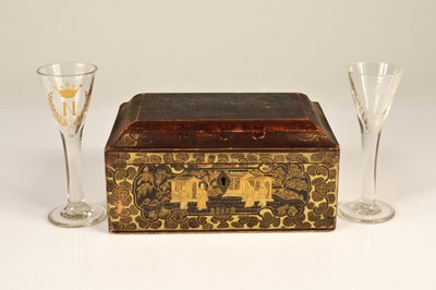 Lot 29 - Two interesting antique wine or cordial glassed with crowned "N" cyphers within laurel wreaths
