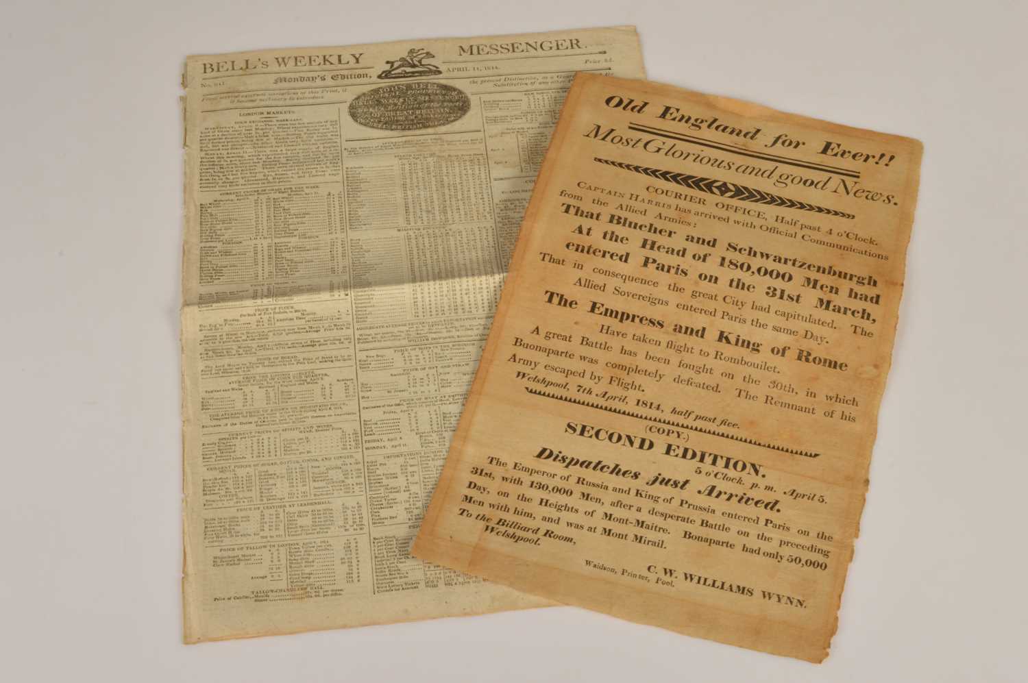 Lot 49 - A rare 1814 Welshpool handbill "Most Glorious and Good News" with breaking news of Fall of Paris