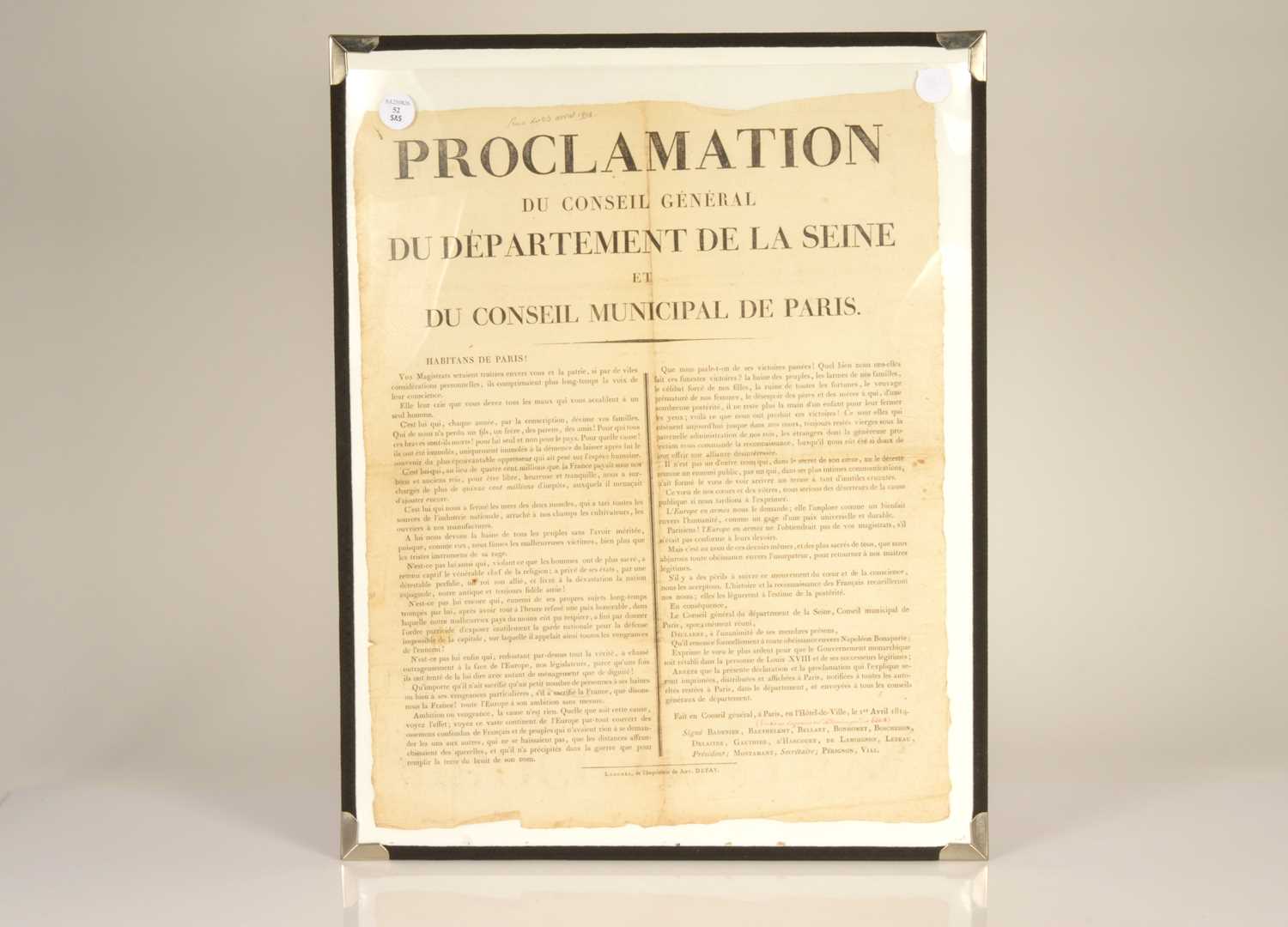 Lot 52 - "Proclamation du Conseil Général du Départment de la Seine et Conseil Municipal de Paris" ("The Bellart Proclamation")