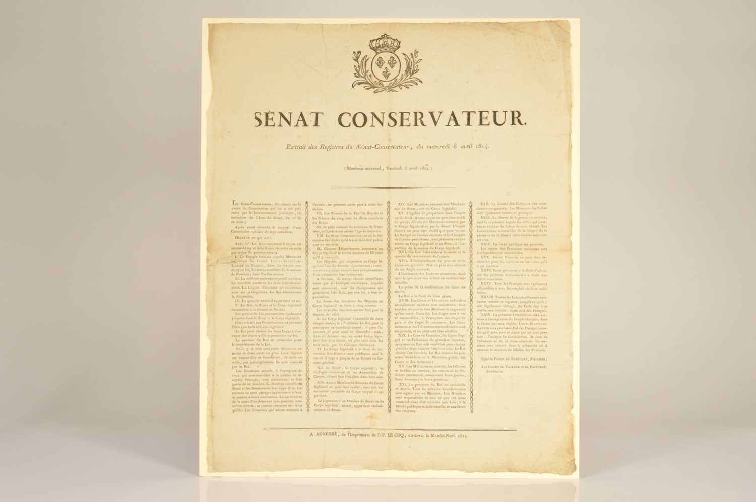 Lot 53 - "Extrait des Registres du Sénat Conservateur de Mecredi 6 Avril 1814" ("The Senatorial Constitution")