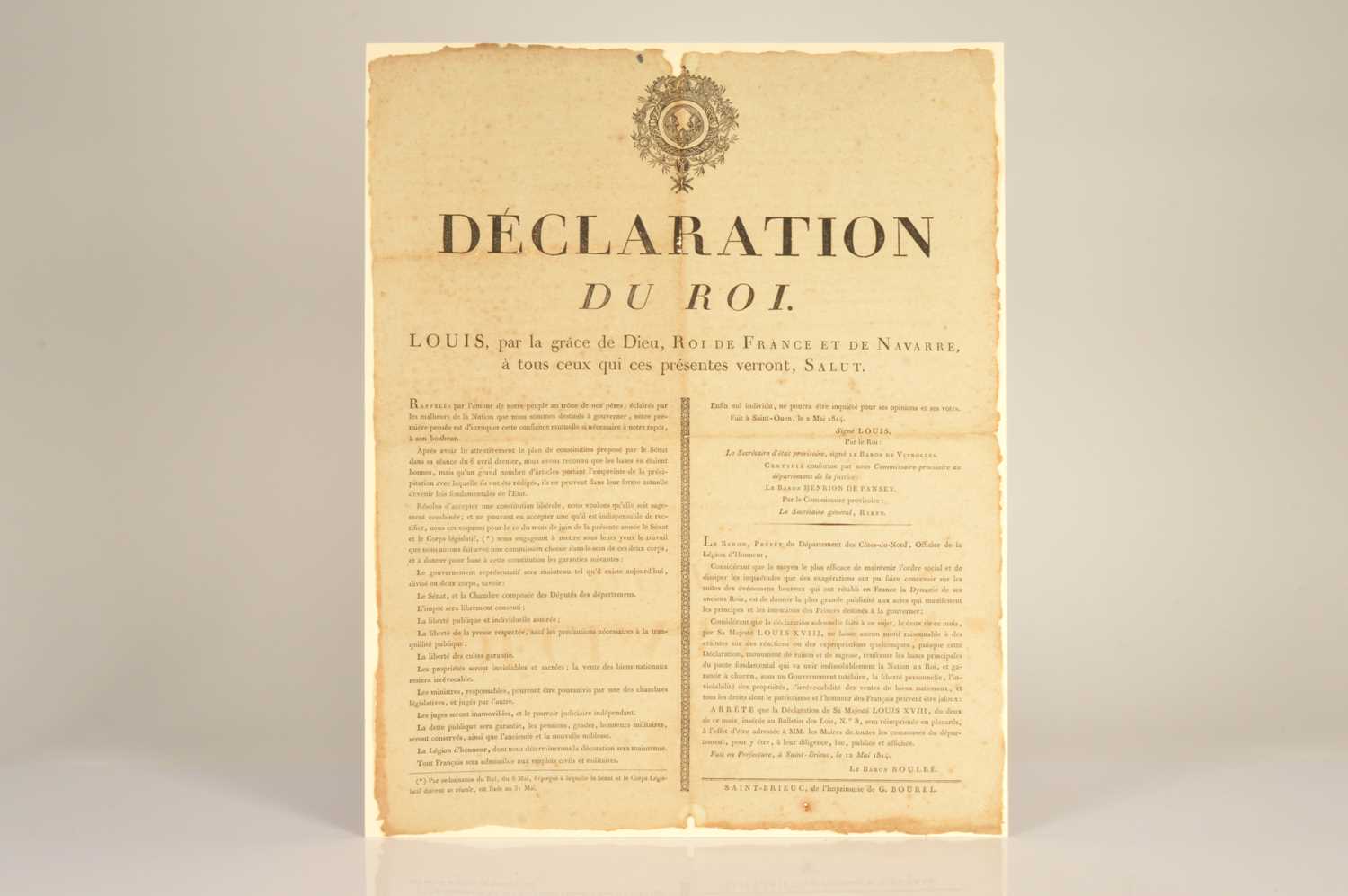 Lot 54 - "Déclaration Du Roi [King Louis XVIII]" ("Declaration of Saint-Ouen") May 1814