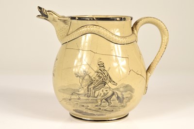 Lot 60 - An antique relief moulded drabware 'serpent' jug 'bat' printed with transfer images of Cossacks