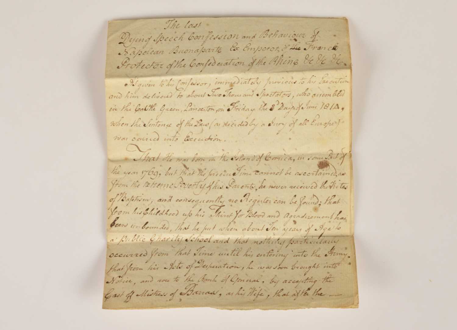 Lot 75 - The manuscript text of a speech delivered on 3rd June 1814 to "two thousand spectators" at Castle Green Launceston