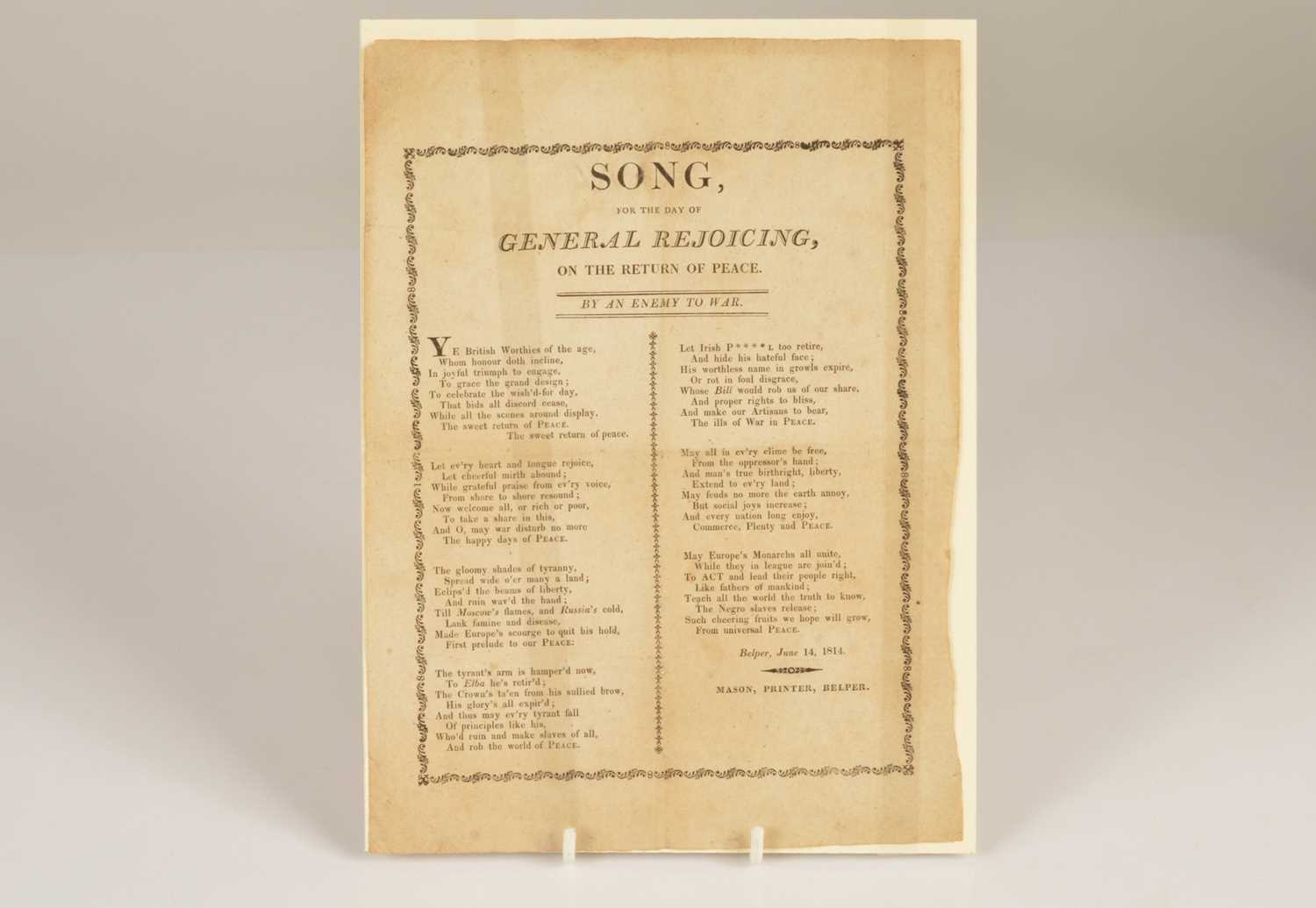 Lot 80 - Ballad sheet from Belper in Derbyshire "Song for the Day of General Rejoicing of the Return of Peace by an Enemy of War""
