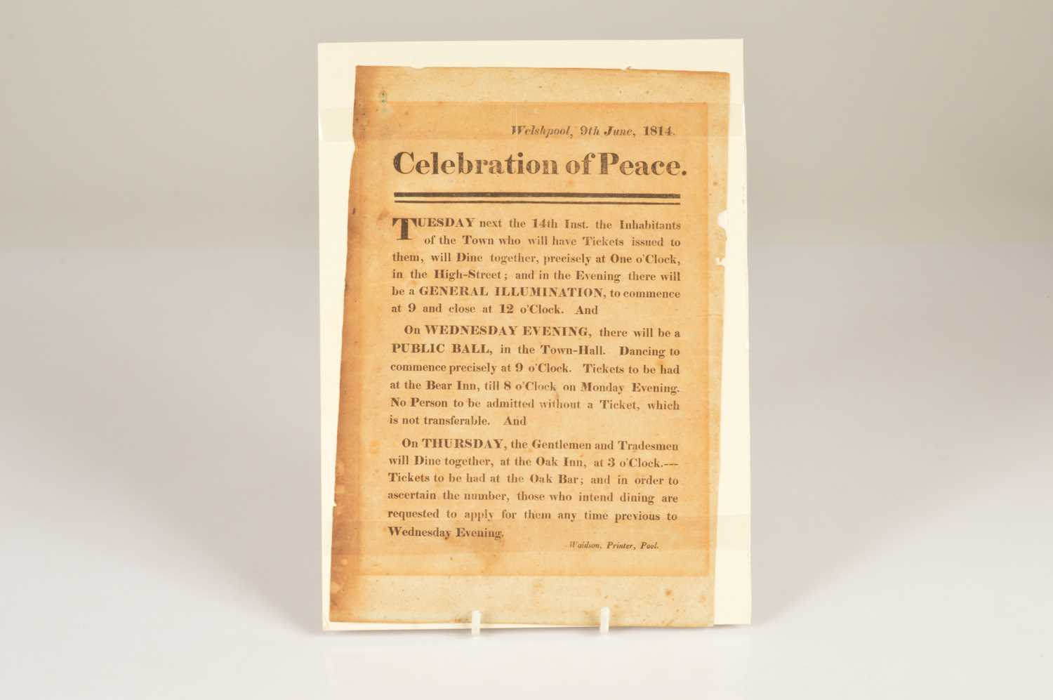 Lot 81 - A letterpress handbill for the "Celebration of Peace" at Welshpool 14th June 1814