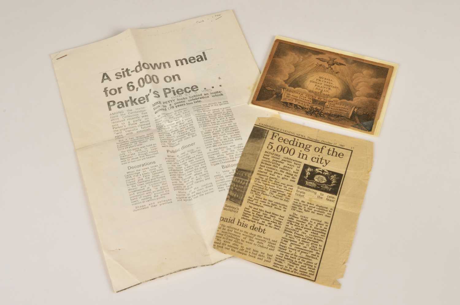 Lot 83 - A scarce ticket to the Cambridge 'Peace' banquet on Parker's Piece July 12 1814