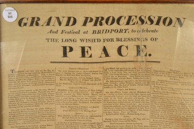Lot 85 - A framed commemorative printed silk broadside for a "Grand Procession and Festival" 1814 at Bridport at Bridport