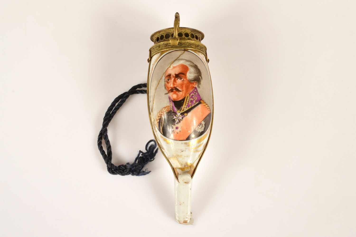 Lot 93 - An early 19th Century porcelain pipe bowl enamelled with a portrait of Field-Marshal Gebhard von Blücher