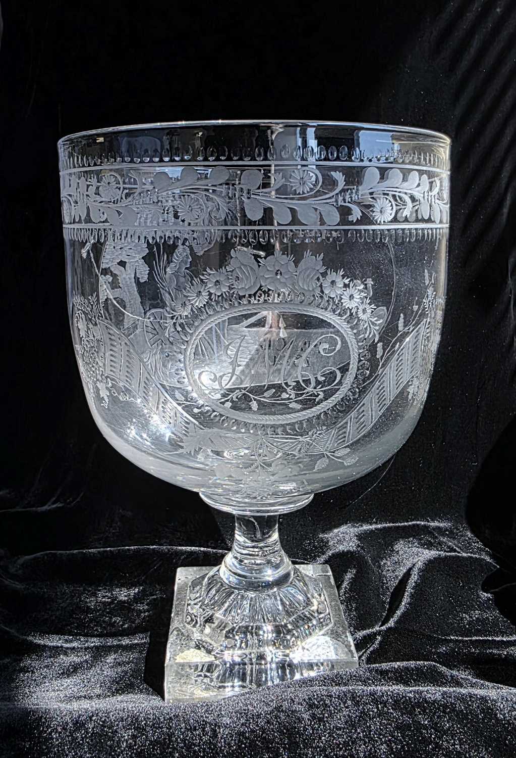 Lot 94 - A very large Regency era engraved glass rummer commemorating 'Peace' and dated '1814'