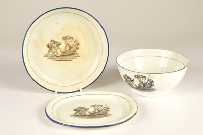 Lot 97 - Regency era bat printed pearlware "Peace" pattern bowl together with plate & teapot stand