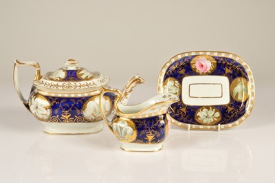 Lot 102 - A John Rose & Co Coalport "Peace of Paris" (Pattern No. 419) teapot and stand and creamjug