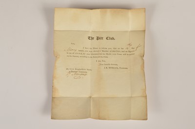 Lot 106 - A rare 1814 Pitt Club membership confirmation for "John Garrard Esq of Olney Buckinghamshire" 