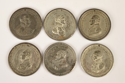 Lot 146 - Group of six commemorative medals for Regent, Wellington, Tsar Alexander I, Count Platoff, King of Prussia & Blucher