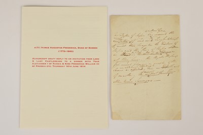 Lot 154 - A draft reply from HRH Duke of Sussex to an inviation from Lord Castlereagh for dinner with Tsar Alexander I