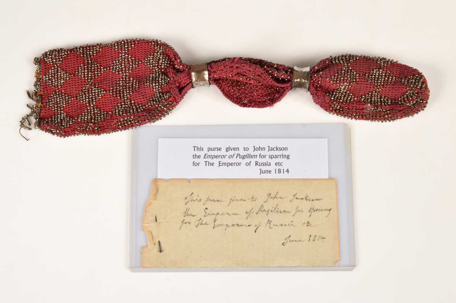 Lot 158 - Regency Pugilism - A 'purse' presented to "Gentleman" John Jackson (1769-1845) for boxing before the Tsar Alexander of Russia etc in 1814