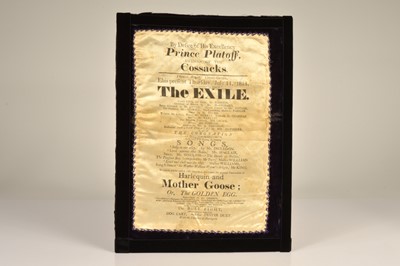 Lot 180 - A Regency Silk Printed & Velvet Mounted Playbill for a Command Performance of "The Exile etc" for Count Platoff