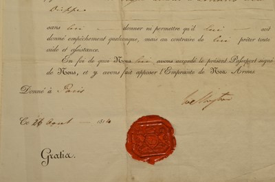 Lot 222 - An exceptionally rare 1814 Passport signed by the Duke of Wellington as British Ambassador to France