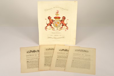 Lot 242 - A hand-coloured print of Wellington's coat of arms along and four Acts of Parliament rewarding him