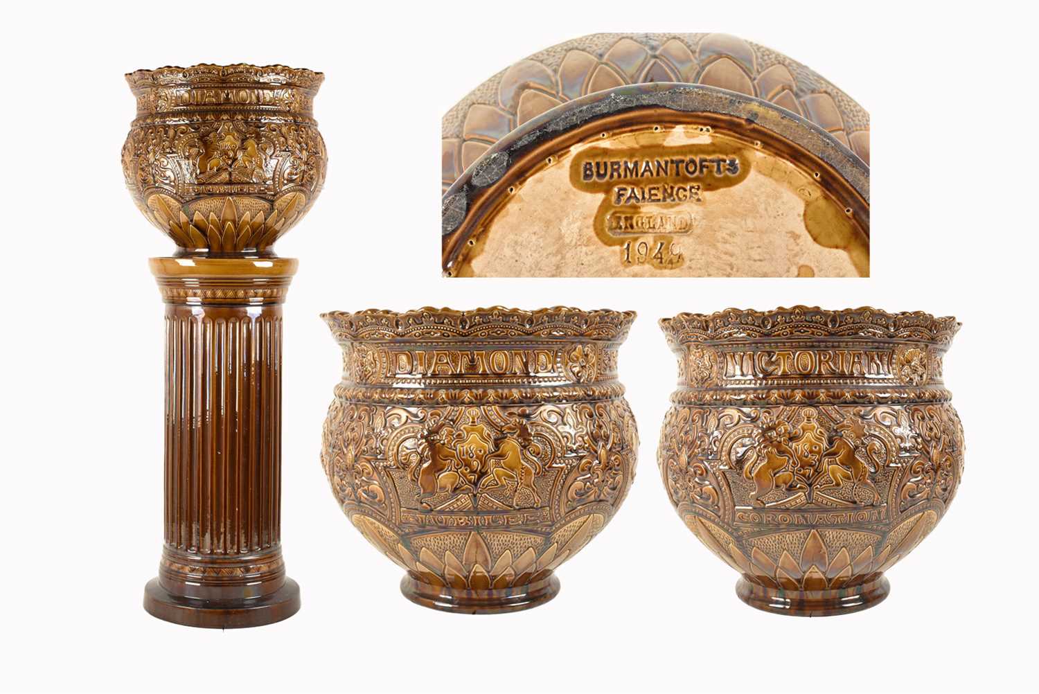 Lot 467 - A Queen Victoria Diamond Coronation Jardiniere and Stand by Burmantofts Faience