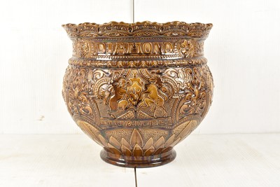 Lot 467 - A Queen Victoria Diamond Coronation Jardiniere and Stand by Burmantofts Faience