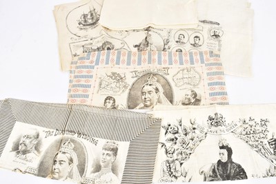 Lot 480 - An assortment of Black and White printed silk Scarfs for the Queen Victoria Diamond Jubilee