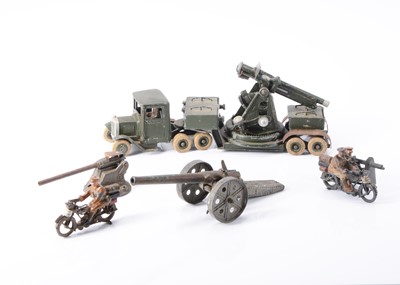 Lot 146 - Britains pre WW2 military vehicles and guns in fair condition comprising 1643 Heavy Duty Underslung Lorry with Anti-Aircraft Gun mounted ready for use