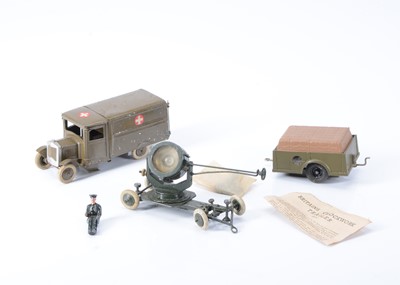 Lot 147 - Britains pre WW2 vehicles and guns comprising 1512 Army Motor Ambulance, with a rare civilian driver