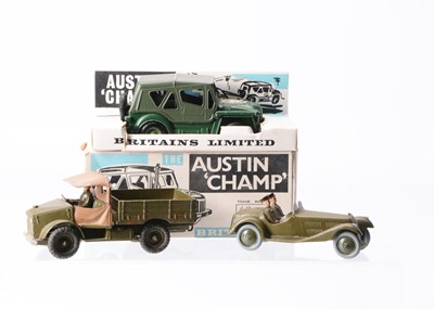 Lot 150 - Britains post WW2 military vehicles comprising 2nd version 1448 Staff Car, with General and Driver